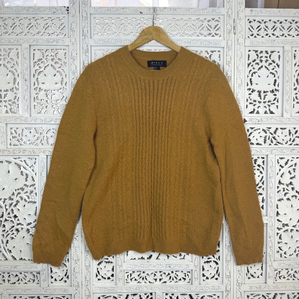 21 Men Mustard Yellow Wool Blend Sweater Mens XL Fits M Cableknit Fisherman